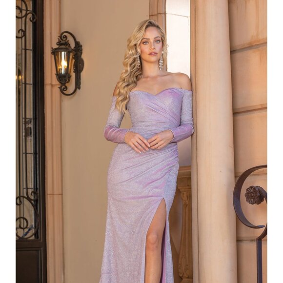 New Off Shoulder Sheath Glitter Evening Dress w/ Long Sleeves & Leg Slit DQ 4298 - Picture 1 of 9